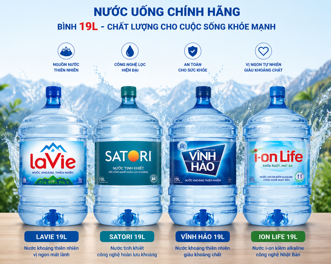 Các loại nước bình 19L phổ biến tại Phường Bình Tây – Lavie, Satori, Vĩnh Hảo, Ion Life