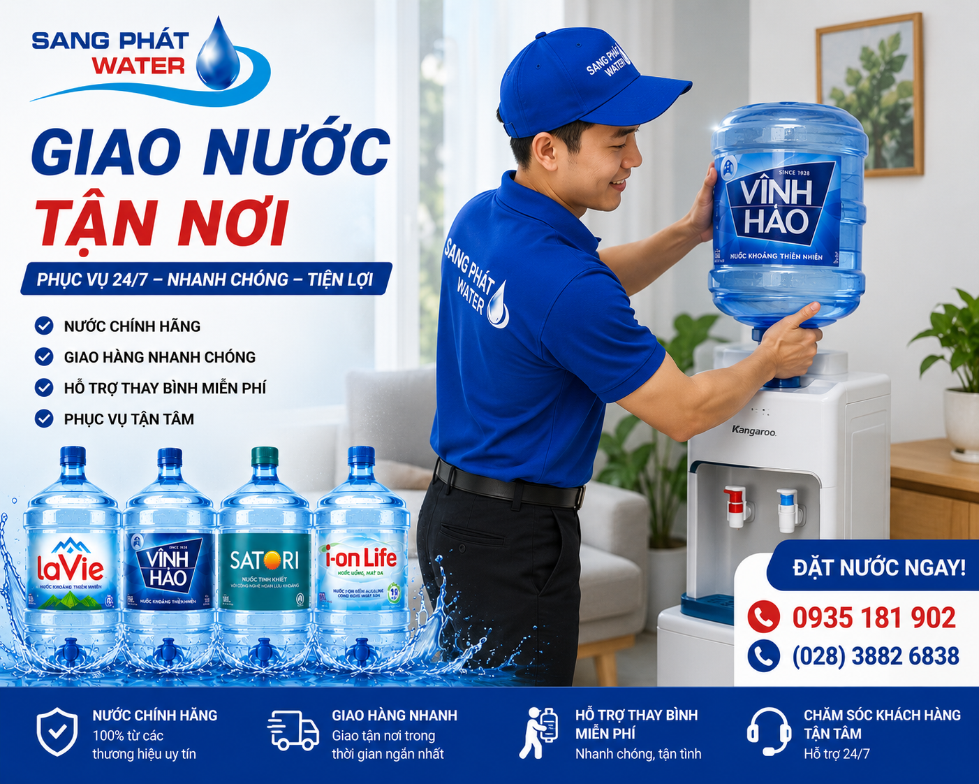 Hỗ trợ giao nước và thay bình tận nơi cho khách hàng.