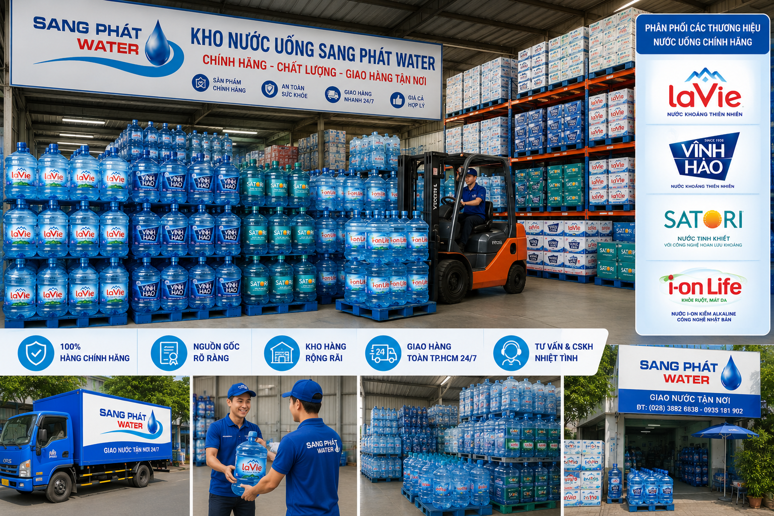 Kho nước uống Sang Phát Water với nhiều thương hiệu chính hãng luôn sẵn sàng phục vụ khách hàng.
