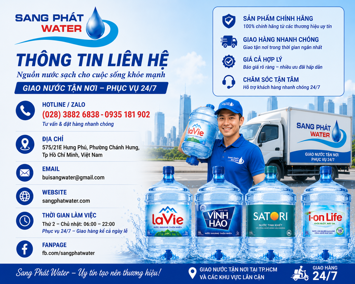 Liên hệ Sang Phát Water để đặt Giao Nước Vĩnh Hảo Phường Phú Lâm chính hãng, giao nhanh 24/7.